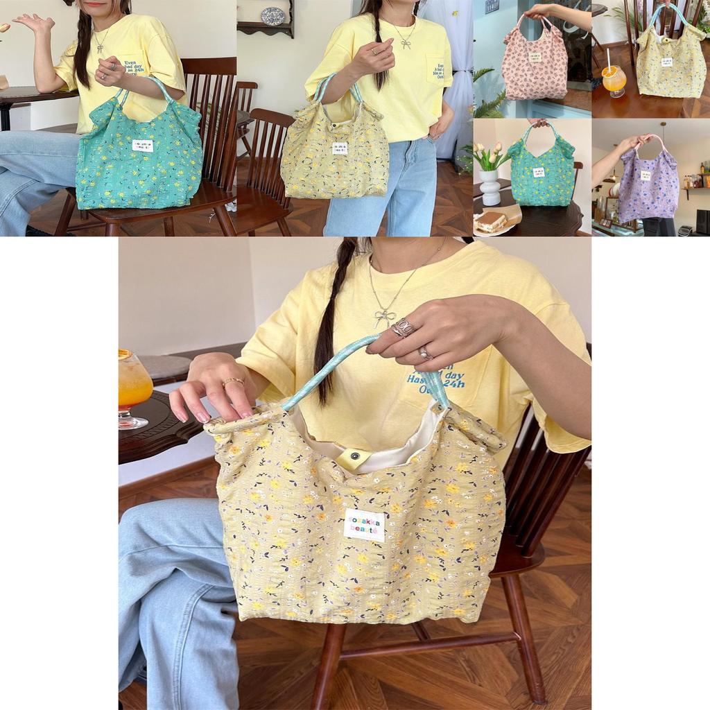Stylish Korean Floral Print Canvas Tote Bag For Spring Summer With Large Capacity And Soft Design Ideal For Beach And Vacation Activities