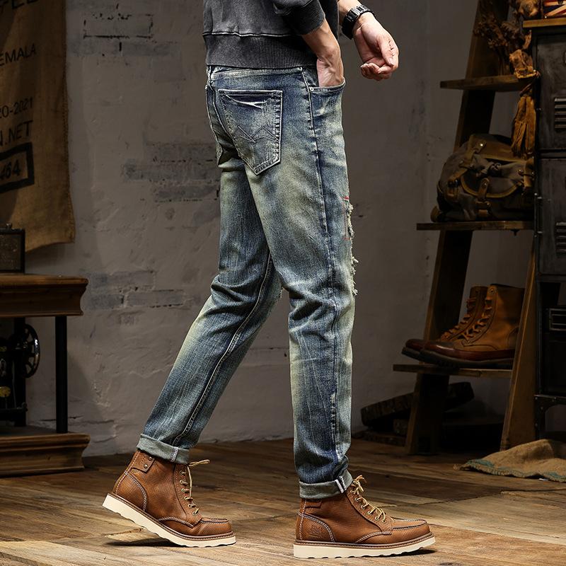 2024 European And American New Retro Distressed Jeans Men'S High-End Distressed Straight Leg Nostalgic Elastic Denim Pants