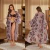Print Satin Women Long Robe Retro Sleepwear Seven Quarter Sleeve Kimono Bathrobe Loose Home Wear