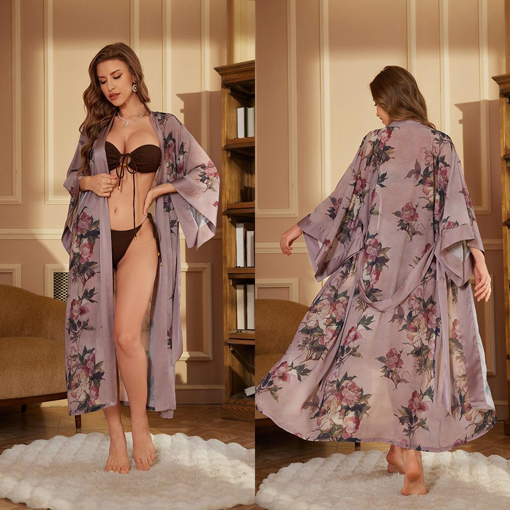 Print Satin Women Long Robe Retro Sleepwear Seven Quarter Sleeve Kimono Bathrobe Loose Home Wear