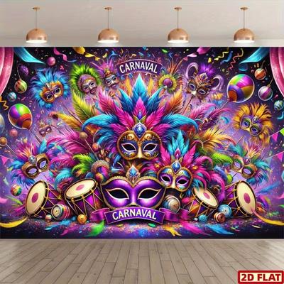 2D Carnaval Party Backdrop Vibrant Feather Mask Photo Booth Background