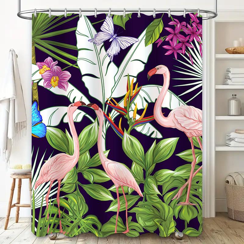 Exotic Bird Floral Shower Curtain Pink Flamingos Purple Butterflies With Green Leaves On Dark Background Decorative Home Bath Ru