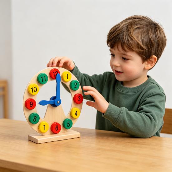 Kids Wooden Clock Toy Preschool Number Color Recognition Time Learning Clock Toddlers Educational Clock Teaching Aid with Movable Hands