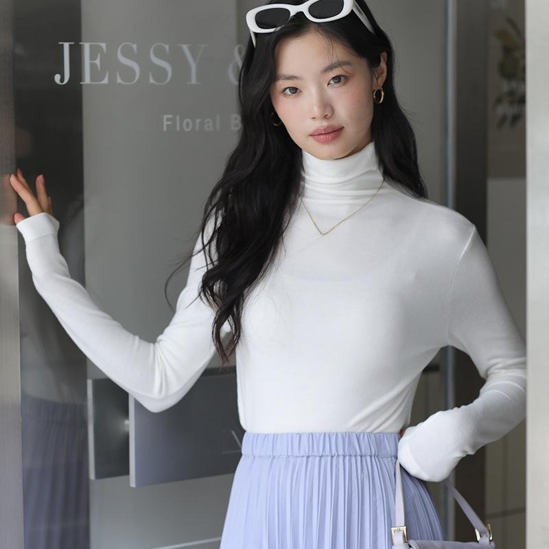 Long Sleeve Female Cold Basic Warm Shirt Bottom Shirt Autumn and Winter Puffed Half High Neck Tops Outer Wearing High Neck Inner Knitting Sweater