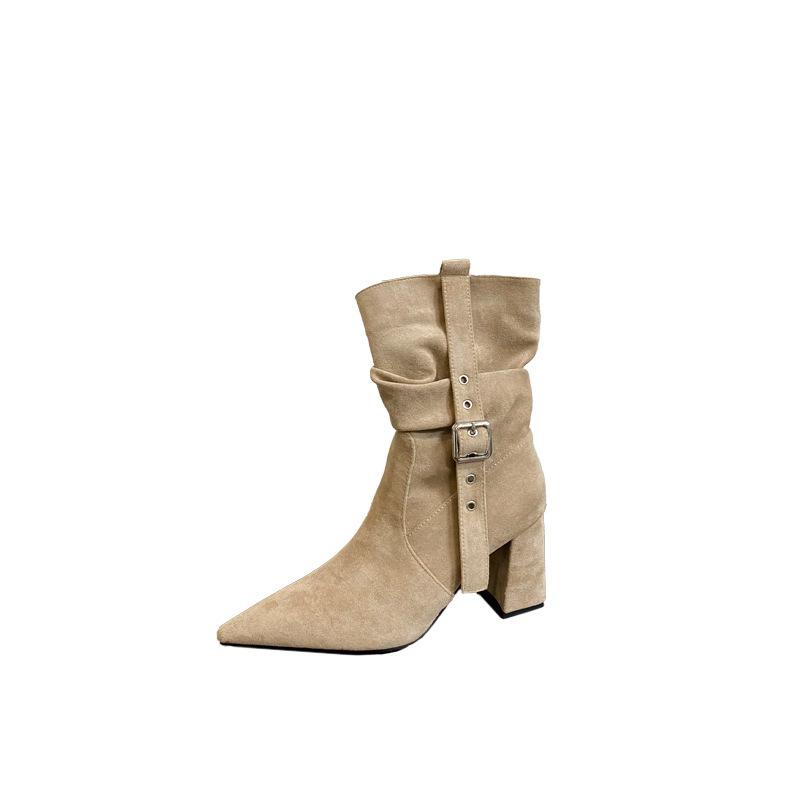 2025 Autumn and Winter New Pointed Thick Heel High Heel Temperament French Fashion Sexy Beautiful Women Short Boots Suede Belt Buckle Short
