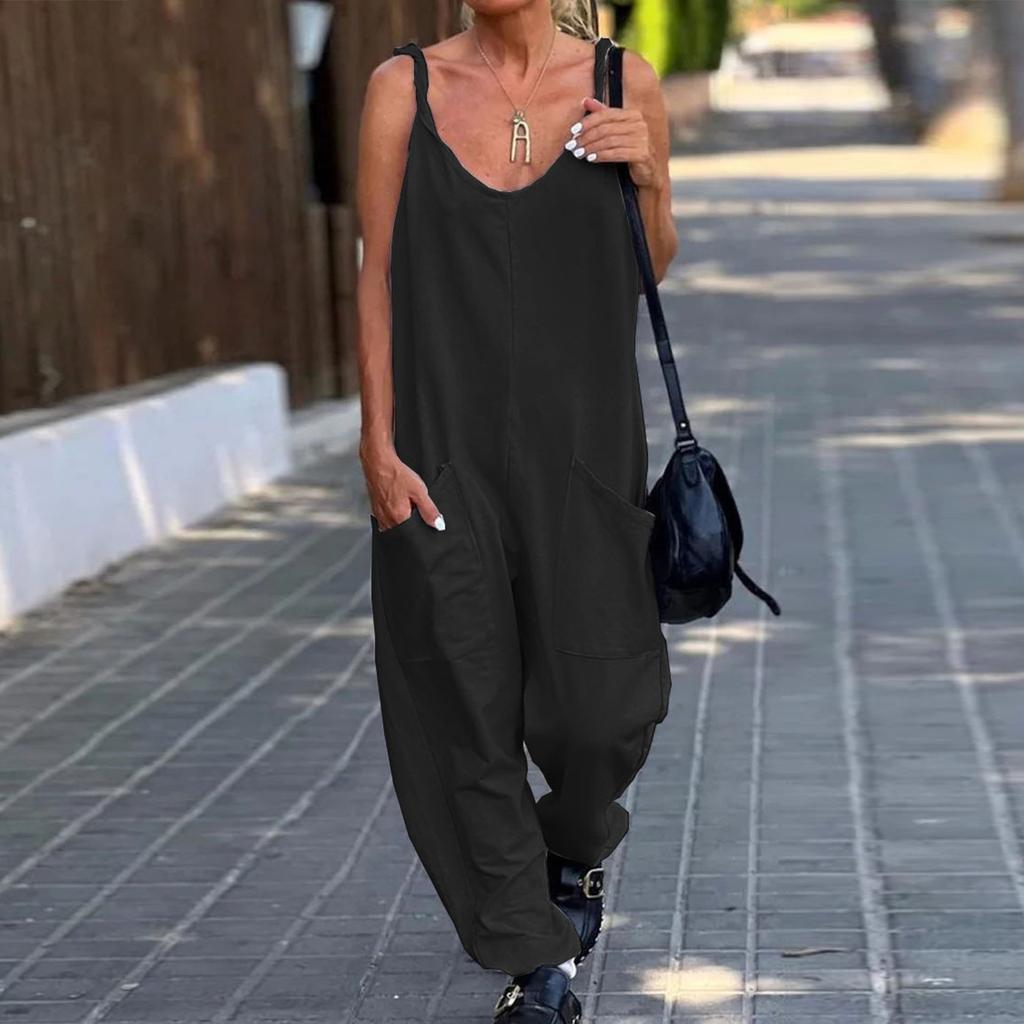 Ladies Wring Shoulder Strap Loose Casual Overalls Resort Solid Jumpsuit With Pockets