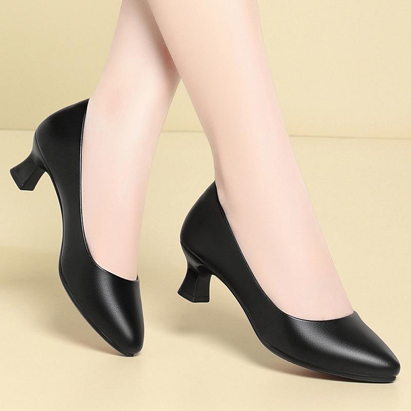 Stewardess Work Shoes Women's Black Leather Shoes Small Heel Professional Business Tooling Dress Medium Heel Interview Women's Shoes