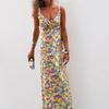 New Spring Printed V-neck Slim Suspender Long Dress