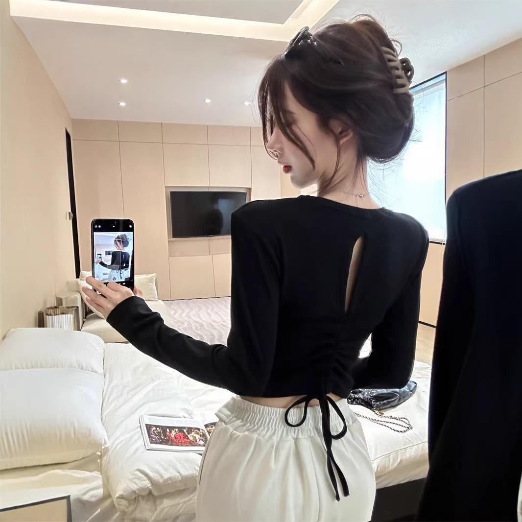 Slim Fit Long-Sleeve Crop Top with Backless Drawstring Design L чёрный