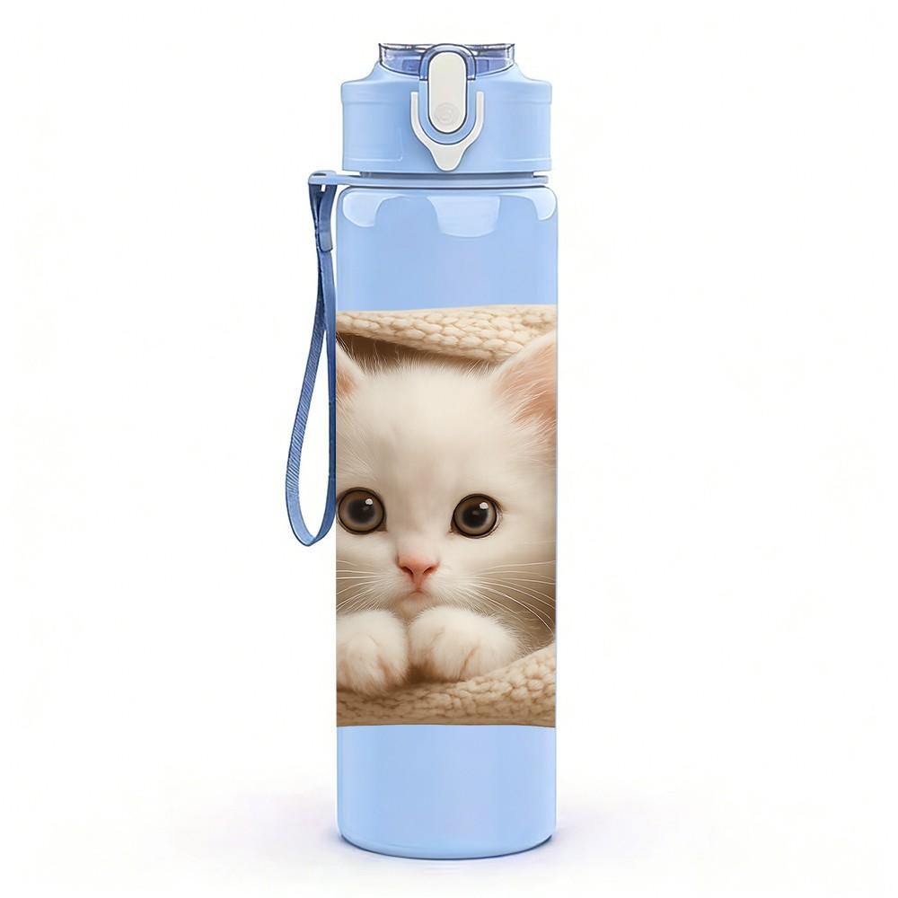 1PC Fluffy White Kitten Sleep 750ml Color Plastic Sports Water Bottle Leakproof Flip Straw Lid Suitable for Sports Office Home Use
