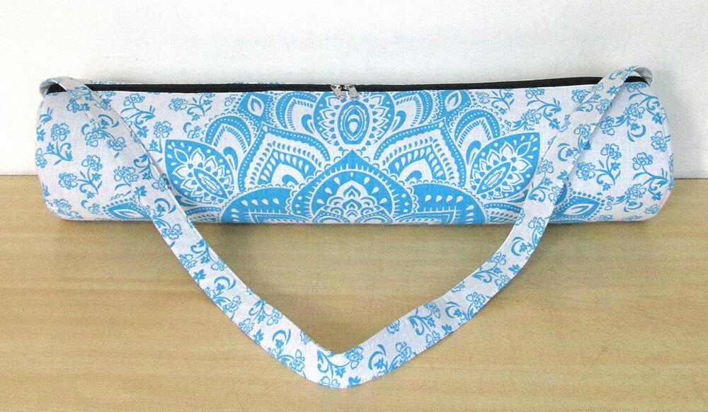 White Blue Mandala Yoga Mat Bag Adjustable Strap, Indian Yoga Mat Bag, Handmade Sport Gym Bag, Carrier Bag, Pilates Bag, Fitness Bag