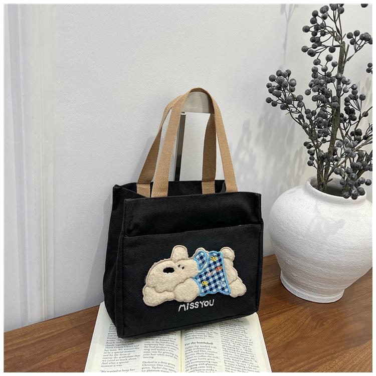 Trendy Canvas Shoulder Bag for Women Large Capacity Cute Bear Print Lunch Tote Handle Bag Comfortable and Texture Storage Bags