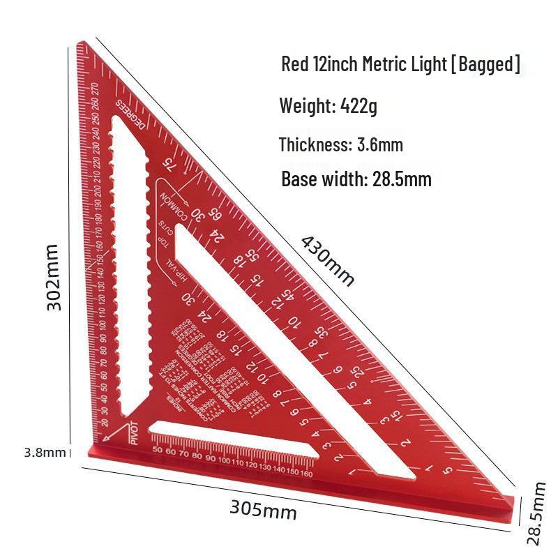 7/12" Aluminum Triangle Ruler: Woodworking, Imperial/Metric, Black Oxide, 90°/45° Right Angles.