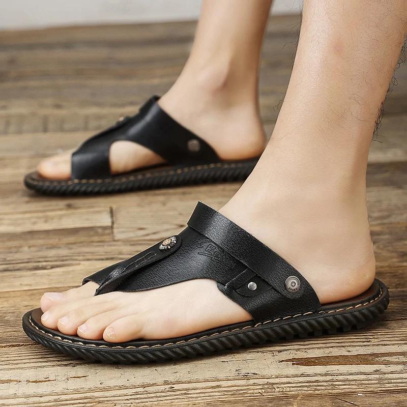 Fashion 2025 New Casual Leather Soft Bottom Sandals Men Soft Tires Rubber Flip Flops Summer Fashion Breathable Casual Minimalist Shoes