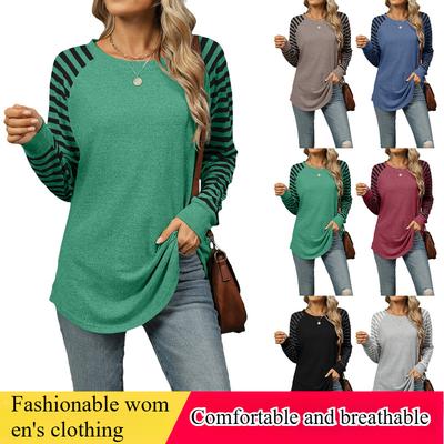 European and American Women's Contrast Color Striped Stitching Round Neck Long Sleeve T-shirt Tops Women's Clothing