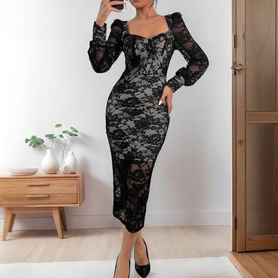 Damen Frühling und Herbst Neues Ein-Schritt-Kleid Langärmeliges Falsches Zweiteiliges Gefüttertes Spitzenkleid