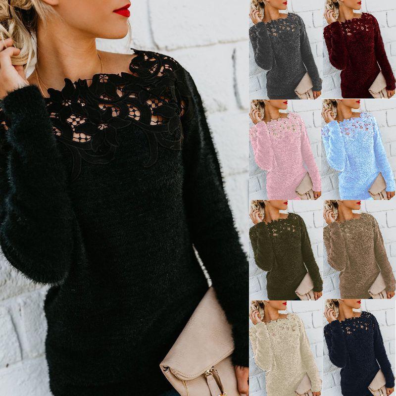 Cozy Women's Autumn Winter Fleece Sweater Tops With Elegant Lace Design For Style
