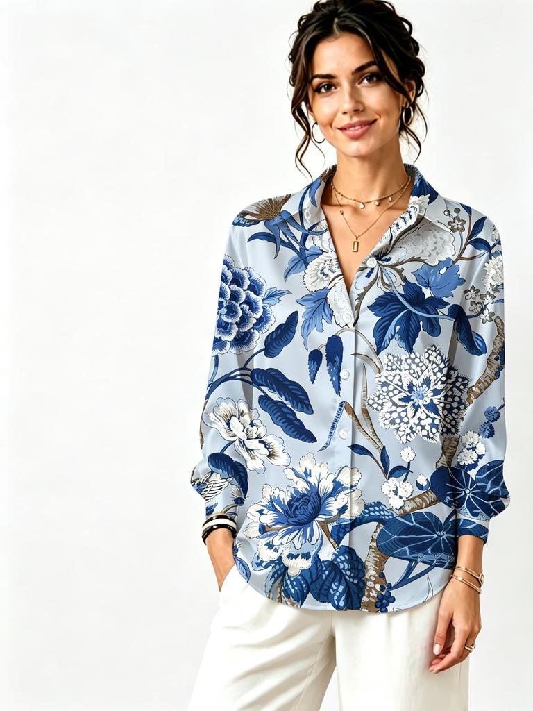 Women Lapel Long Sleeve Chinese Floral Print Shirt, Thin Blouse for Office Work, Daily Wear, Party & Vacation