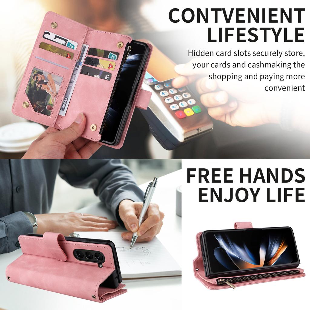 Applicable to Samsung Z Fold 6 leather case Z Flip5 folding mobile phone retro matte zipper wallet diagonal straddle