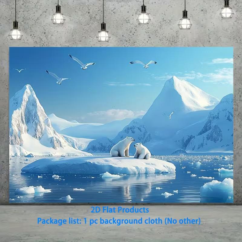 2D North Pole Polar Bear Backdrop, Iceberg & Seagull Winter Photography Background 47.2x31.5inch/120*80cm