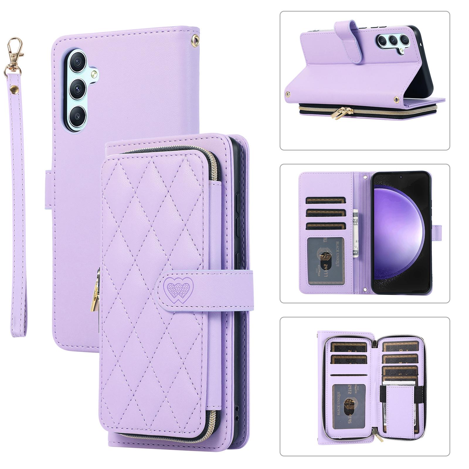 

For Samsung Galaxy S23 FE Leather Case Rhombus Stitching Wallet Zipper Phone Cover with Strap Light Purple