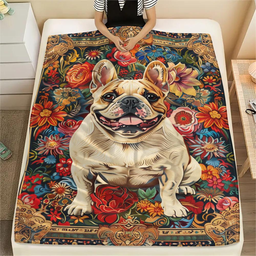 1Pc Floral Dog Print Flannel Blanket, High quality Comfortable for All Seasons, Home Decor, Warmth and Comfort, Perfect for Christmas Gifts