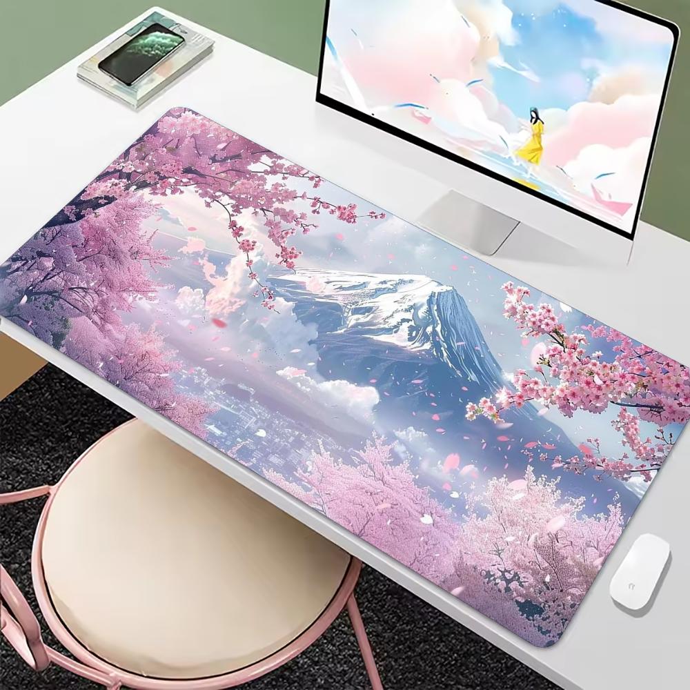 Dreamy Pink Sakura Mount Scenery Art Large Extended Mouse Pad NonSlip Rubber Base With Stitched Edges For Gaming And Office Use