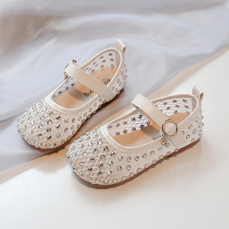 Girls Flat Shoes Round Toes Kids Princess Shoes Shiny Crystal Elegant 2025 Summer New Kids Mesh Shoes Breathable Non-slip Soft