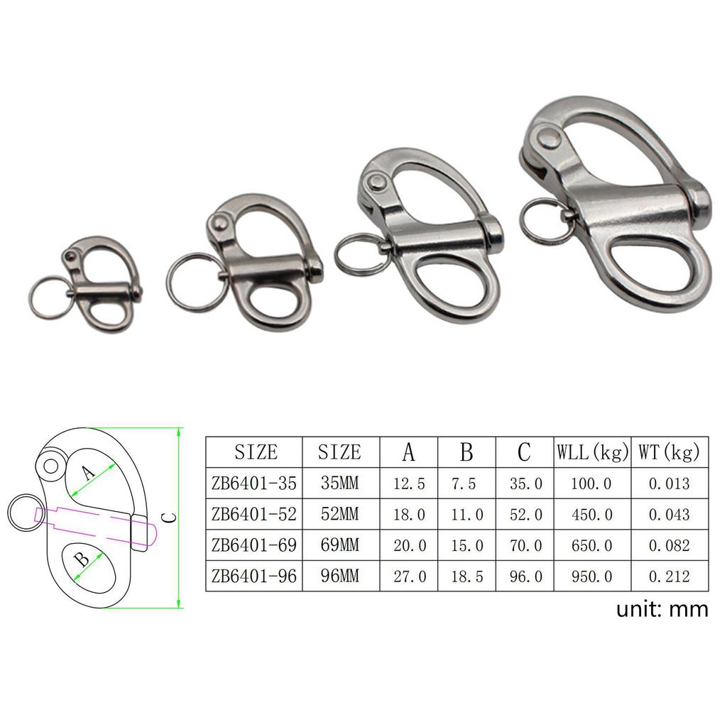 Jaw Swivel Snap Shackle Stainless Steel for Sailboats Spinnakers Halyards &Diving 35/52/69/96mm Snap Shackle