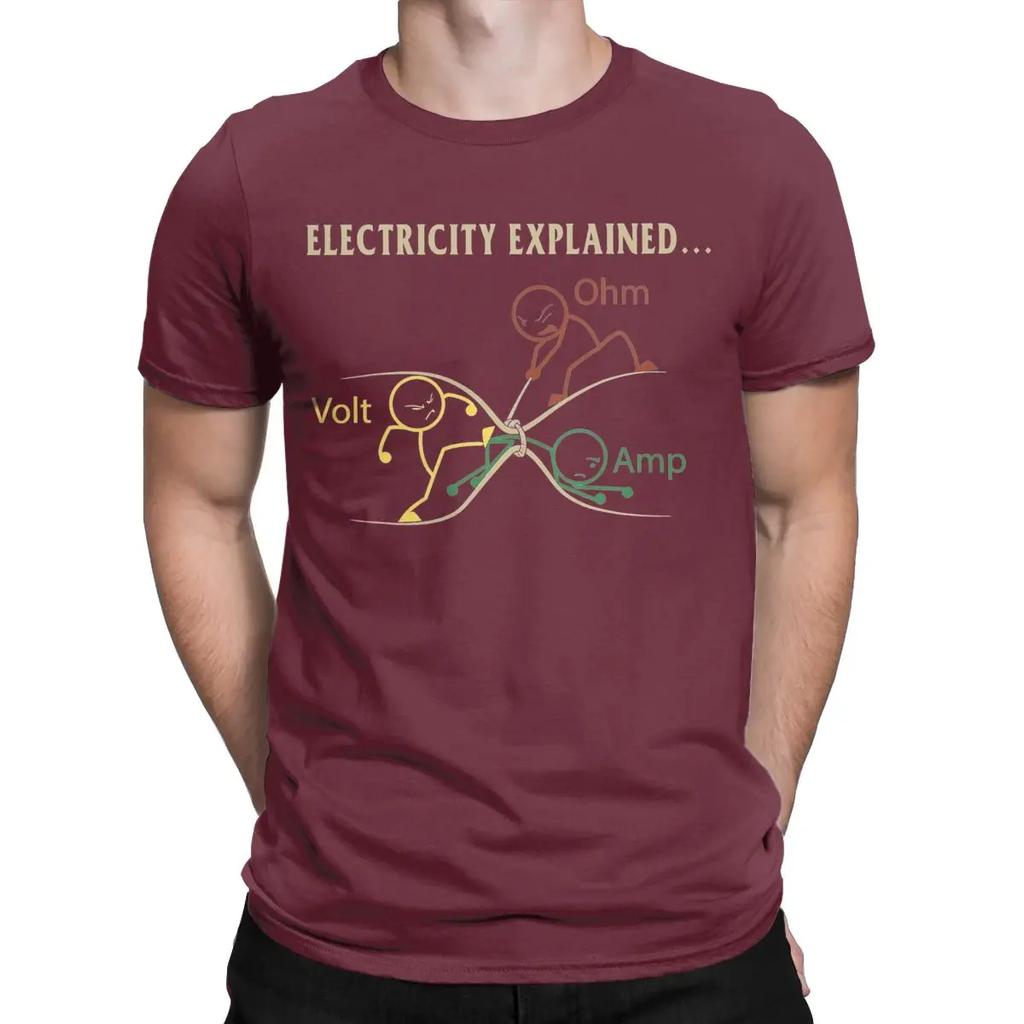 Funny Electricity Explained Physics T-Shirts for Men Volt Ohm Ampere Pure Cotton Tees Crew Neck Short Sleeve T Shirts Clothing