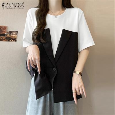 Women Casual Round Neck Summer Short Sleeve Patchwork Blouse