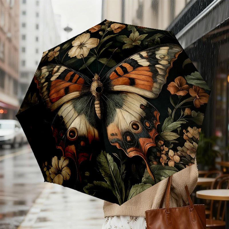 1pc Butterfly Flowers Automatic Folding Umbrella, Heavy Duty 8 Rib Iron Frame,  Suitable for Travel, Daily Use, Birthday, Decor Gift m0104090