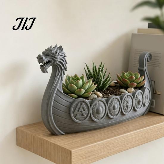 Resin Decorative Plant Pot Viking Longship Planter Pot, Dragon Boat Indoor Holder for Cacti Creative Air Plants, Rustic Nordic Ship Container