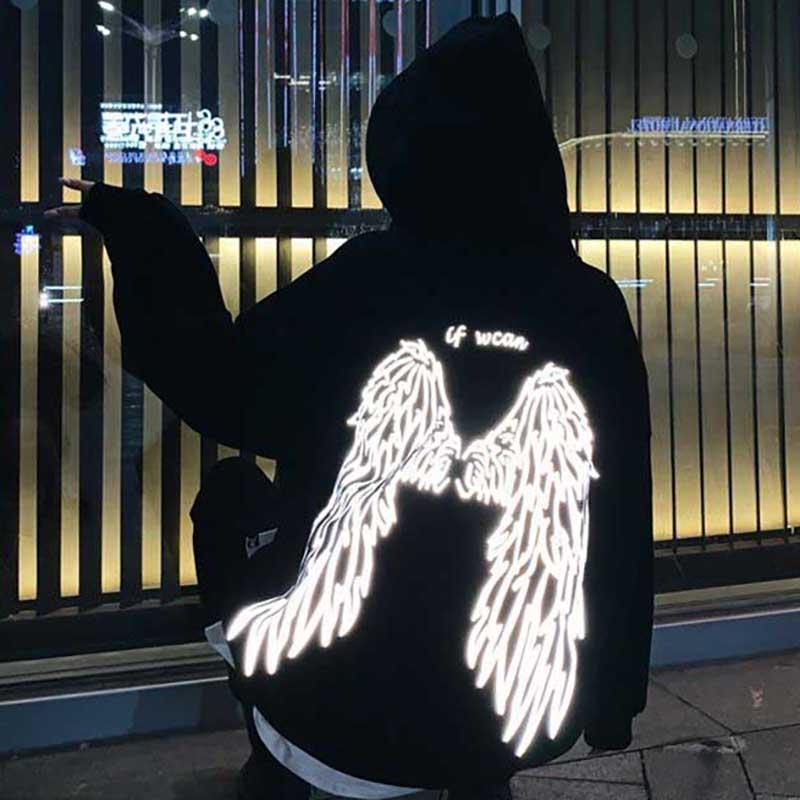 Sudaderas con capucha reflectantes El ángel en tu espalda Letra impresa Estilo callejero Sudaderas con capucha unisex gruesas Abrigo de invierno cálido Sudaderas con capucha punk para mujer