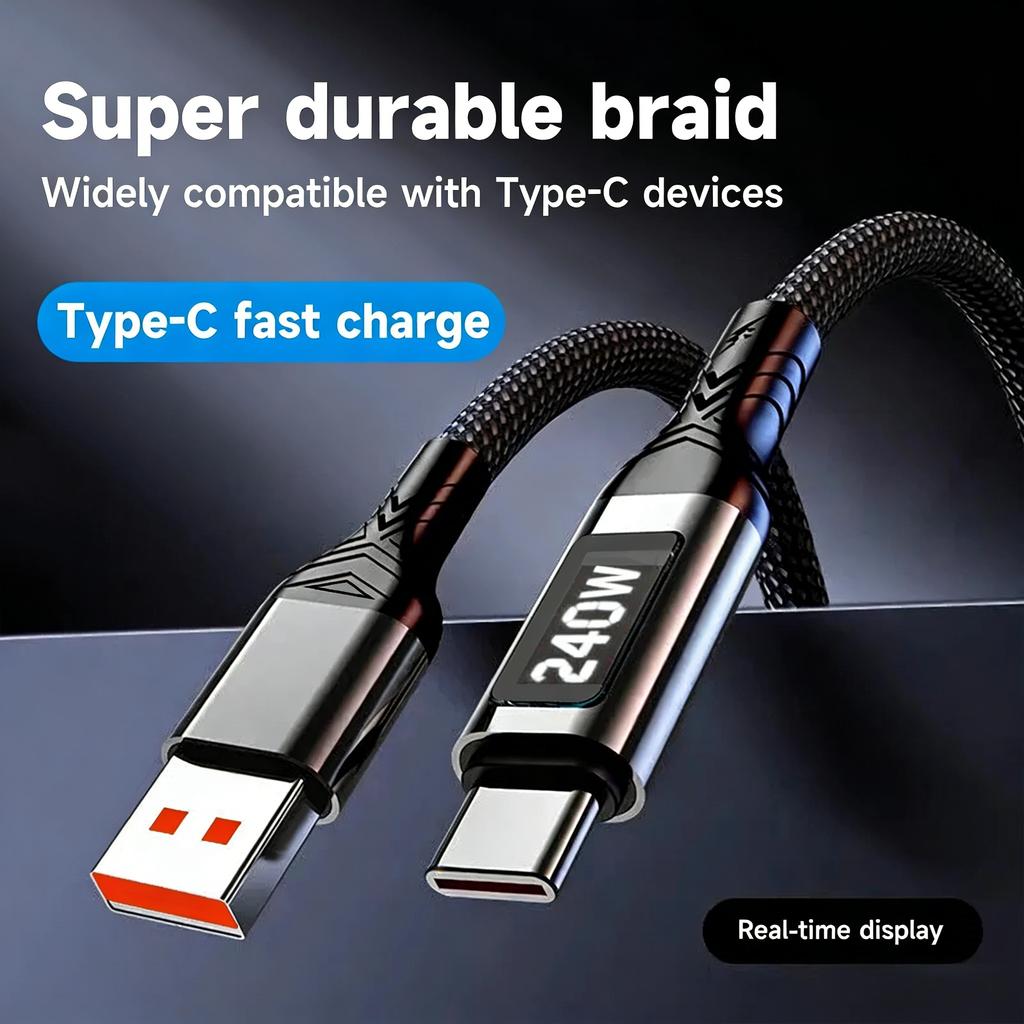 Digital Display Type C Cable 240W Super Fast Charging Cord Sturdy Nylon Braided USB-C Type-C Data Line for IPhone Samsung Xiaomi
