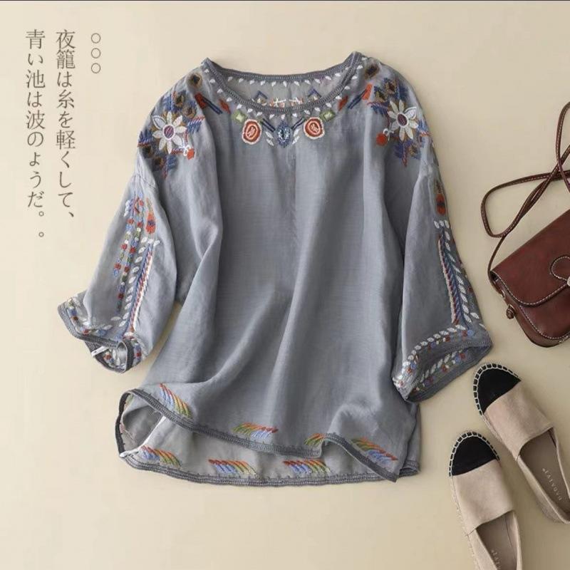 

Female Summer Ethnic Style Loose Embroidery Cotton and Linen T-shirt Thin Sleeves Round Neck Tops XS
