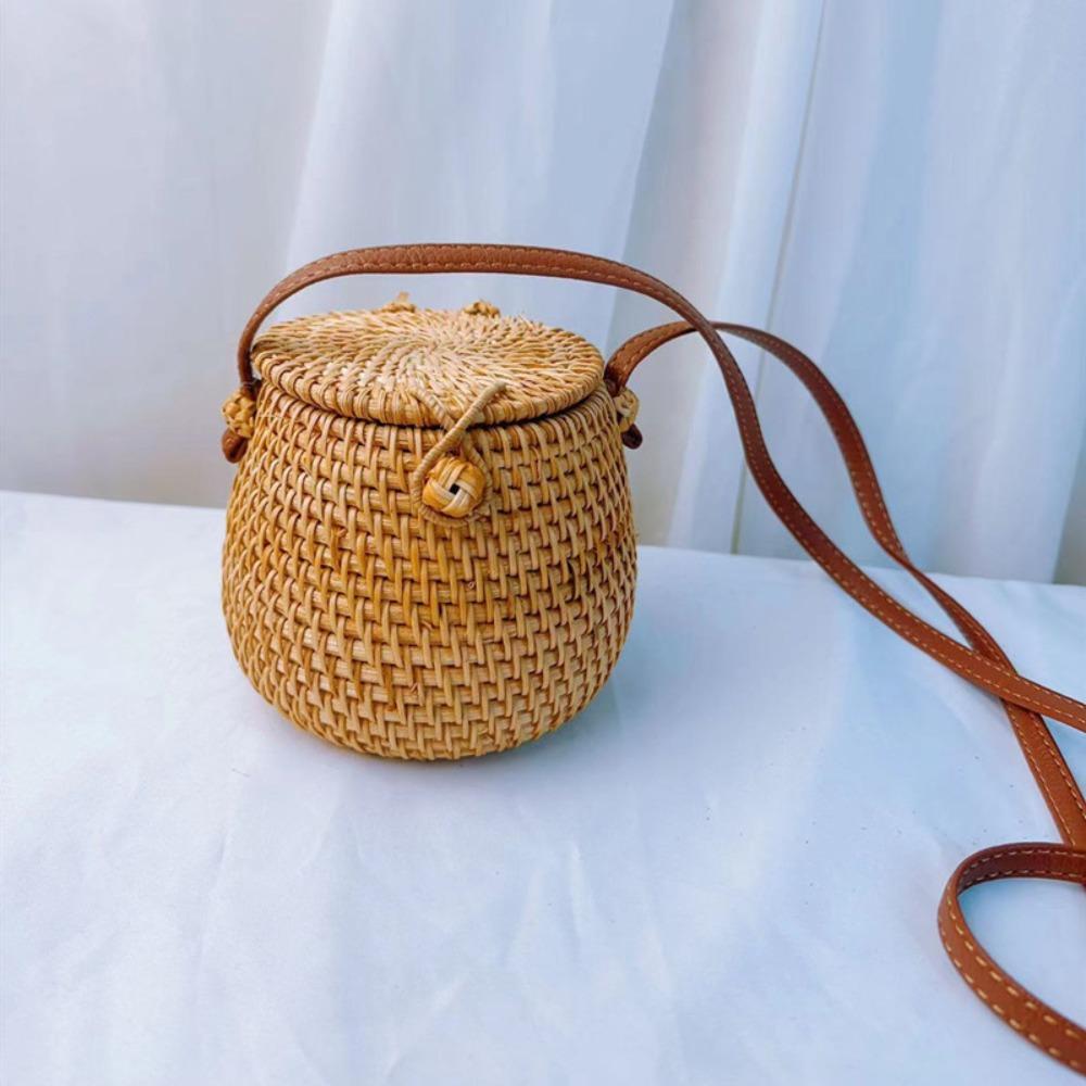 Ethnic Style Rattan Weave Bag Bohemian Round Crossbody Bag Retro Beach Bag  Picnic
