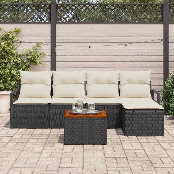 Canapé de jardin 6 pièces avec coussins noir en poly rotin, Canapé 2 places avec rangement et coussins noir poly rotin 3356360