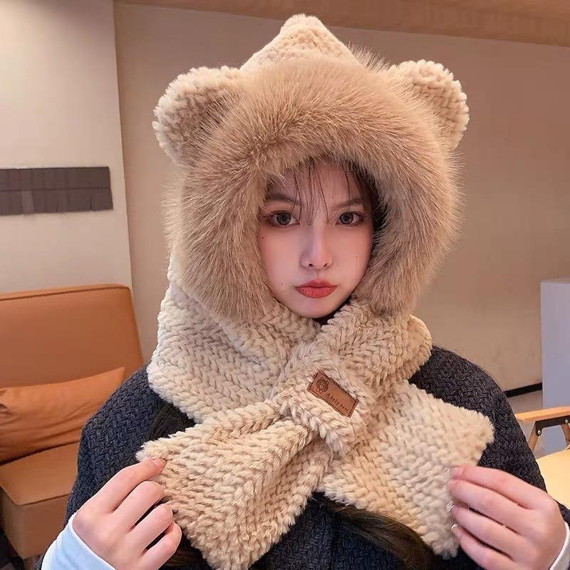 Plush hat scarf integrated women's autumn and winter cute warm ear protection scarf versatile fox ear hat