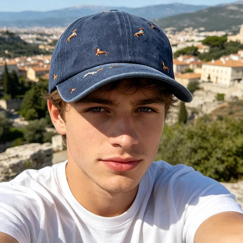 Módní baseballová čepice z prané bavlny s výšivkou štěněte Měkká poškozená vintage styl Streetwear čepice pro ženy a muže