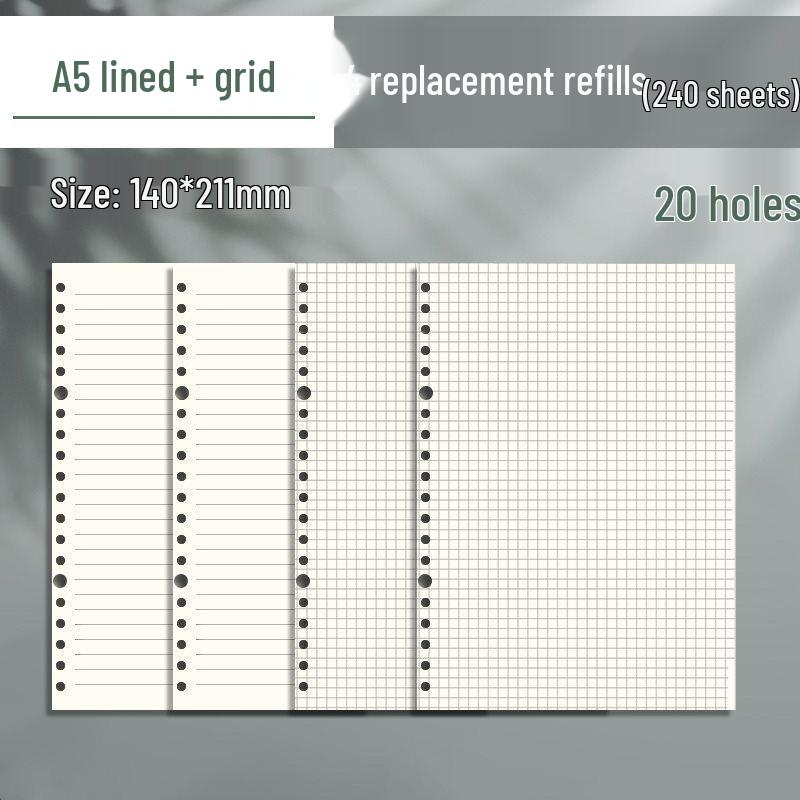 B5 Loose-Leaf Notebook Refill with 26-Hole and A5 Detachable Loose-Leaf Paper, 20-Hole Horizontal Line Grid for Exam Prep.