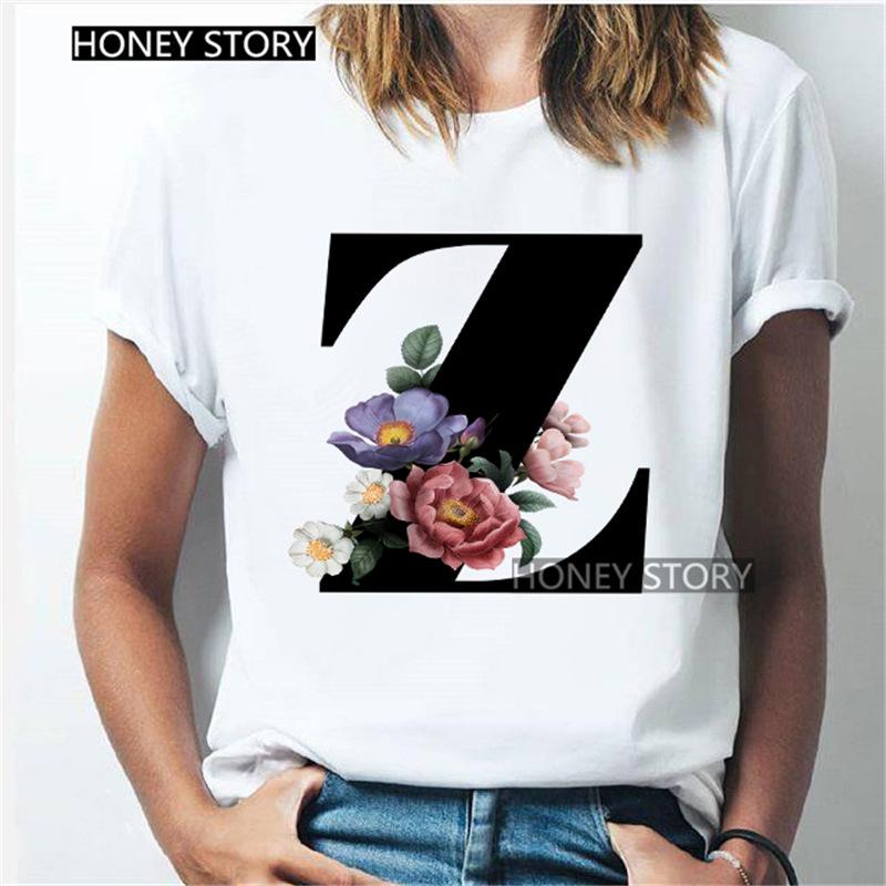 Kawaii English Alphabet Flowers Graphics Female T-Shirt 90S Summer Loose Short Sleeve Round Neck Female Tops Clothing
