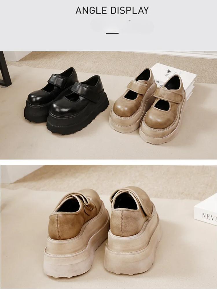 Johnature Natūralios odos 7 cm storio padais bateliai. Vintažiniai universalūs moteriški plokščiapadžiai bateliai su platforma.