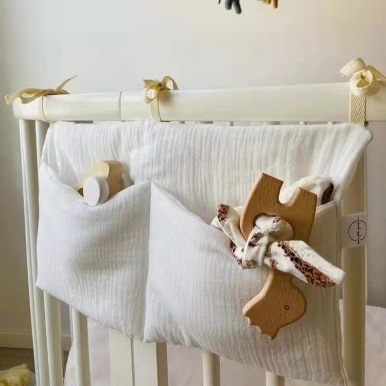 Double-Layer Pure Cotton Baby Stroller Storage Bag with Double Pockets and Printed Bottle Holder