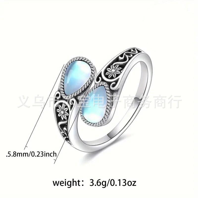 Moonstone Spoon Ring Black Agate Victorian Vintage Embossed Texture Bohemian Index Finger Ring