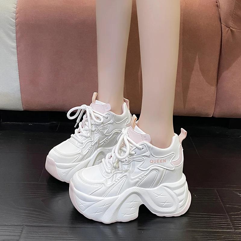 Fashion 2025 Bling Chain Chunky Sneakers New Designer High Top Platform Casual Shoes Females Spring 11CM Wedge Heels Sport Leather Shoes