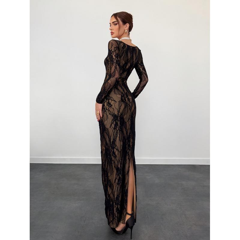 Xiyin Nian Square Neck Lace Splicing Split Fork Waist Skinny Long Sleeve Hip Wrap Zipper Dress