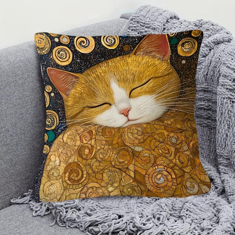 2D Flat- Vintage Art Nouveau Sleeping Ginger Cat Throw Pillow Cover Gustav Klimt Style Decorative Cushion Case For Home Bedroom