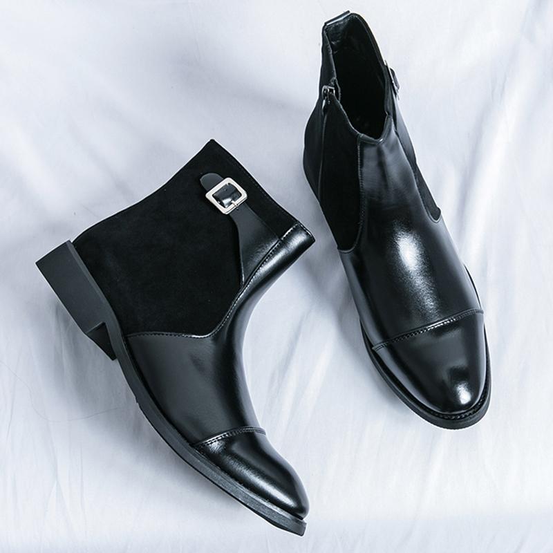 Winter Fashion Male Pointed Patchwork Belt Buckle Patent Leather Ankle Boots Men Casual High Top Platform Shoes Zapatos Hombre