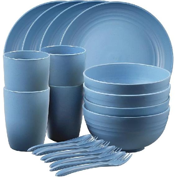 Shopwithgreen Wheat Straw Dinnerware Sets for 4, 20 PCS Unbreakable Plates and Bowls Sets, Reusable Dinner Dishes Set, Bowls, Cups, Plates for 20PCS-Blue